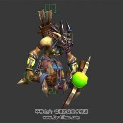 狗頭怪物 石錘和弓箭武器 3D模型 有綁定和動作