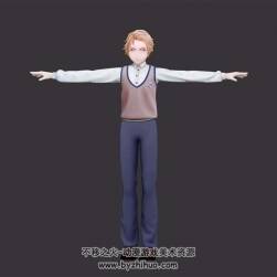 二次元男生 西裝校服襯衫馬甲 中學(xué)生高中生 3D模型 四角面