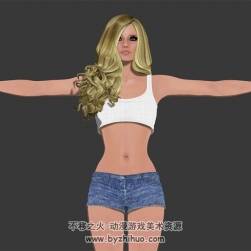 歐美金發(fā)清涼熱褲服裝美女3D模型下載 格式Max FBX下載