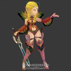 游戏角色人物大剑女精灵待机行走攻击死亡3DMax模型带绑定下载