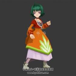 卡通長裙少女 3D模型 有綁定和武打動作