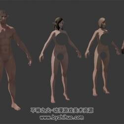 男女靈族人族標(biāo)準(zhǔn)體型和四種服飾 3D模型 三邊面高模