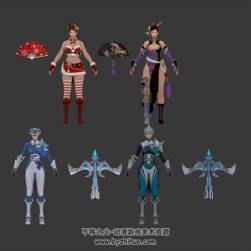 國風(fēng)古裝4個(gè)女弓手弩箭帶武器3DMax模型下載
