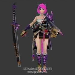 和服女武士帶武士刀3DMax模型帶綁定下載