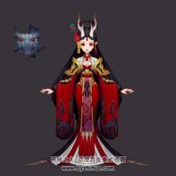 Q版龍女 紅色長裙 寵物黑龍 3D模型