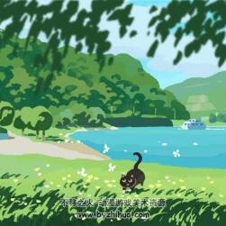 畫一只海邊草坪撲福蝶的黑咪