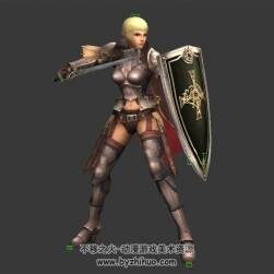 金短發(fā) 劍盾女戰(zhàn)士 3D模型 有綁定和動作 四邊面