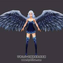 翼人 黑色翅膀 藍(lán)發(fā)少女 四邊面 3D模型 有綁定有動作