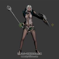 白發(fā)性感短裙杖盾女戰(zhàn)士 3D模型 有綁定和動(dòng)作