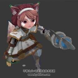 玄幻類游戲可愛的狐女小兵帶兵器3DMax模型含綁定躍擊動作下載