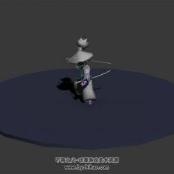 Q版武俠游戲角色斗笠雙手劍攻擊動作3DMax模型帶綁定下載