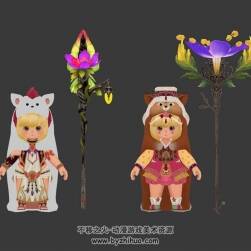 魔法風(fēng)游戲角色萌娃小女孩帶花朵法杖3DMax模型下載