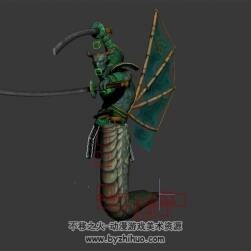 英雄無敵6 娜迦武士 3D模型 有綁定和揮刀砍刺的動作