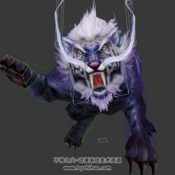 玄幻類游戲動物妖獸白毛紫虎3DMax模型帶綁定全套動作下載