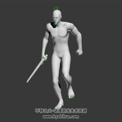單手武器的白模男身體 3D模型 有綁定和慢跑的動(dòng)作 四邊面