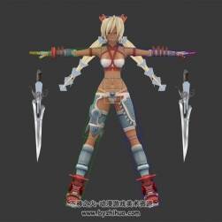游戲奧尼之刃角色女帶兵器3DMax模型帶綁定骨骼下載