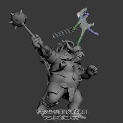 游戲角色人物女孩與牛角怪物對打動畫3DMax模型帶綁定下載